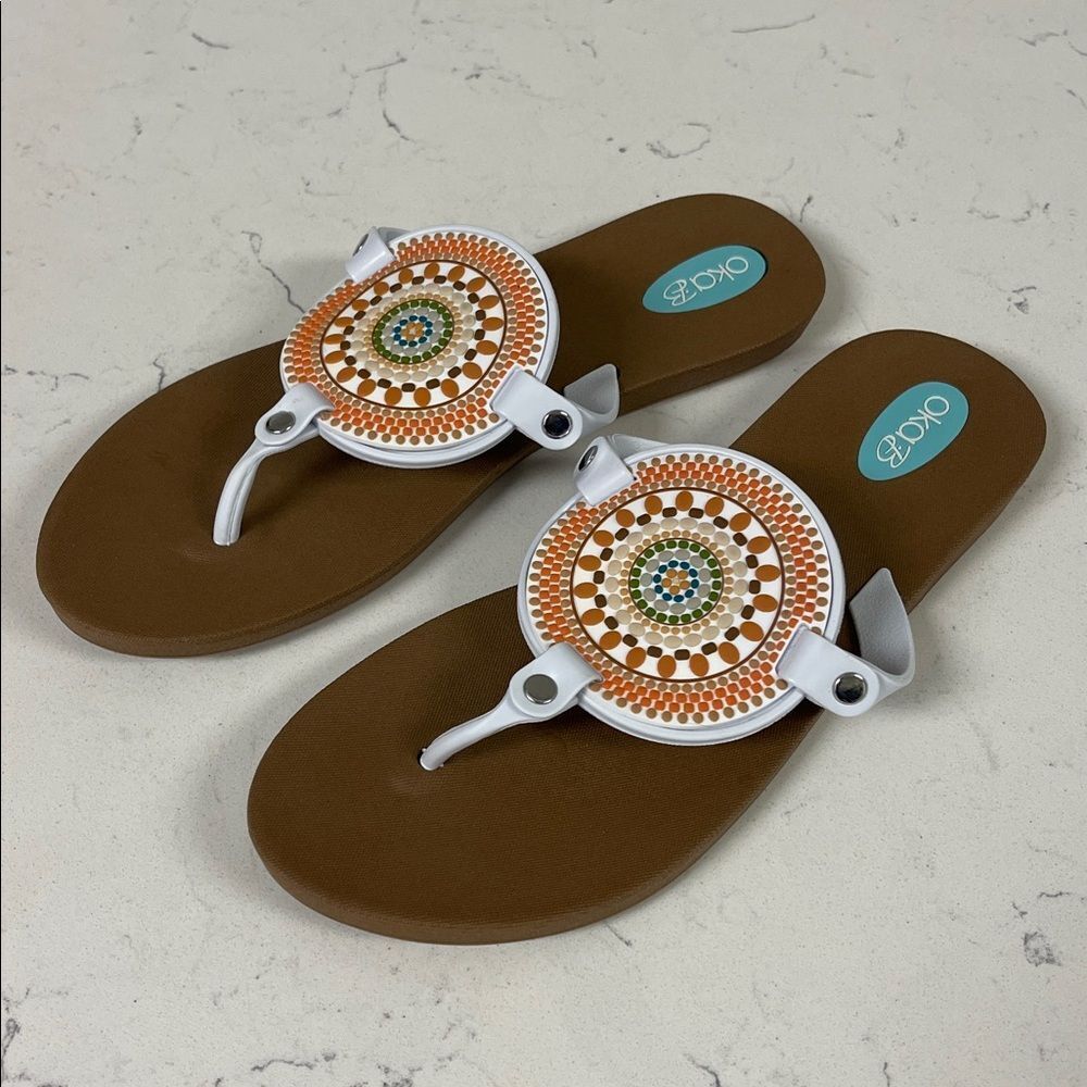 Oka-B Thong Sandals - Solara Size 7 Toffee/Beige Mandala - Bohemian Thong